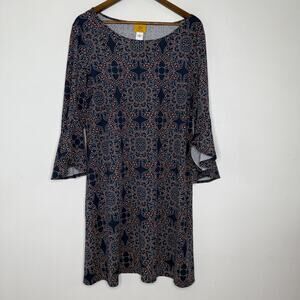 Ruby Rd Dress Womens Large Blue Pink Bell Sleeve Boho Geometric Print Stretch